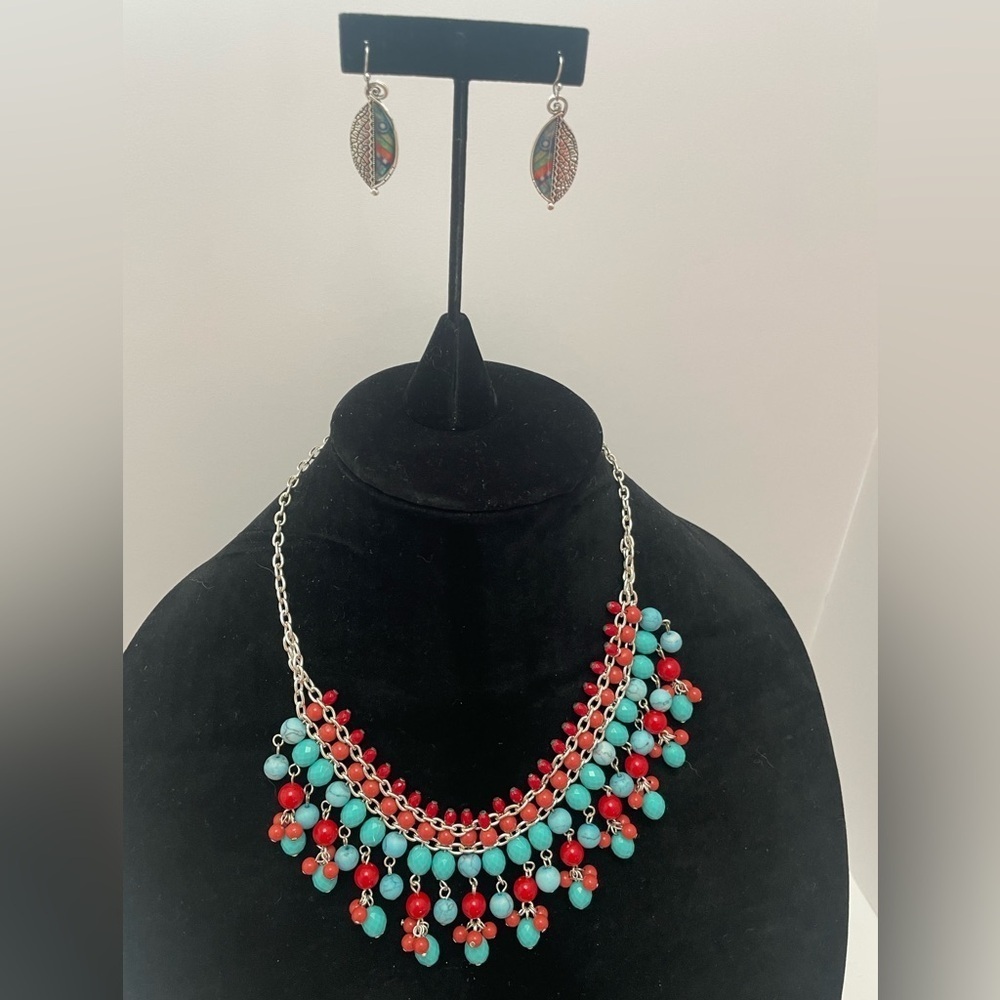 Turquoise and Coral Color Beaded Necklace and Earrings